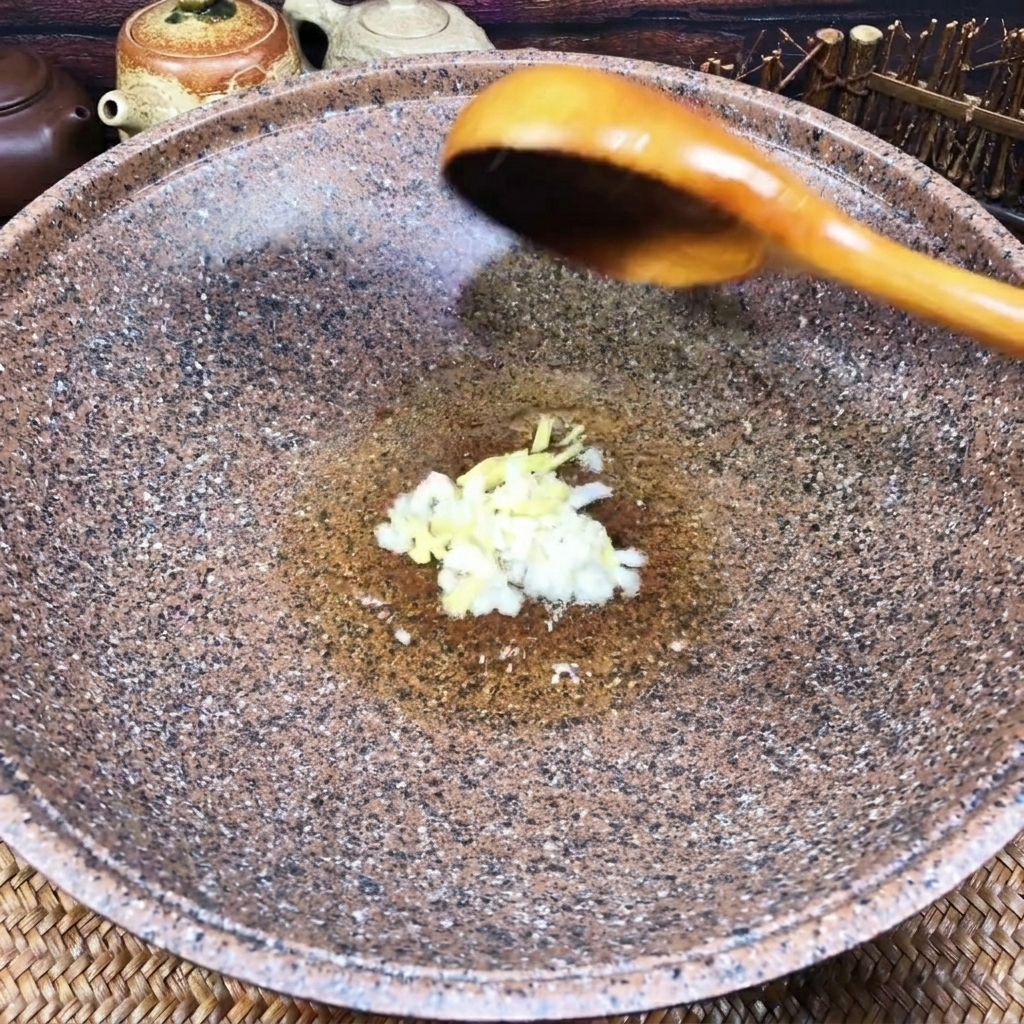 Ajo y jengibre picados chisporroteando en un poco de aceite en el fondo de un wok con textura de piedra.