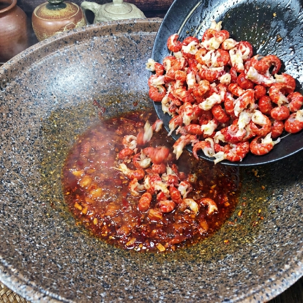 Un plato con carne de cangrejo rosada vertiéndose en un wok que contiene una base de salsa roja picante burbujeante.