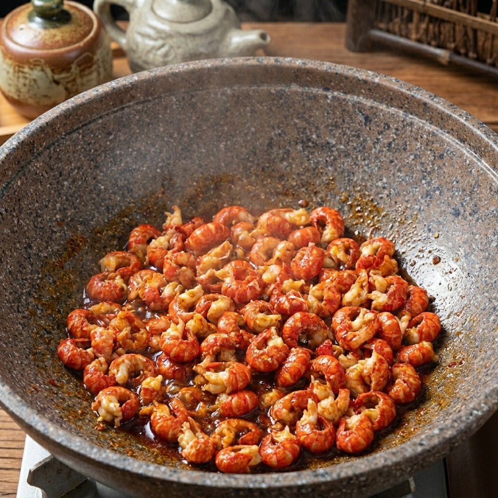 Colas de cangrejo salteadas siendo sazonadas con salsa de soja y salsa de ostras en un wok de piedra.