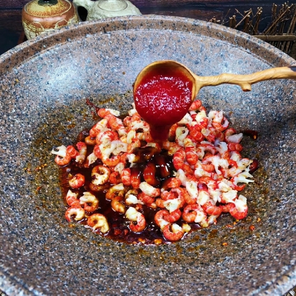 Una cuchara de madera añadiendo kétchup rojo brillante a las colas de cangrejo y la salsa oscura en un wok.