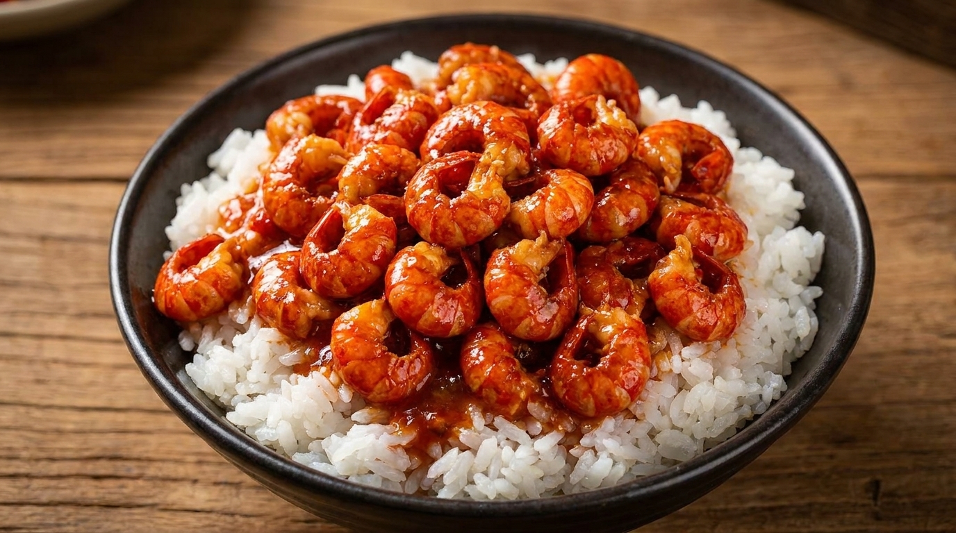 Bol de arroz con colas de cangrejo de río salteadas y picantes