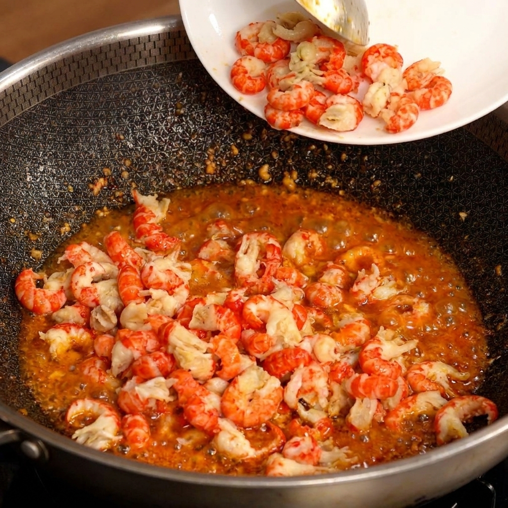 Colas de cangrejo escaldadas vertiéndose desde un plato blanco a un wok con salsa de ajo roja y picante.