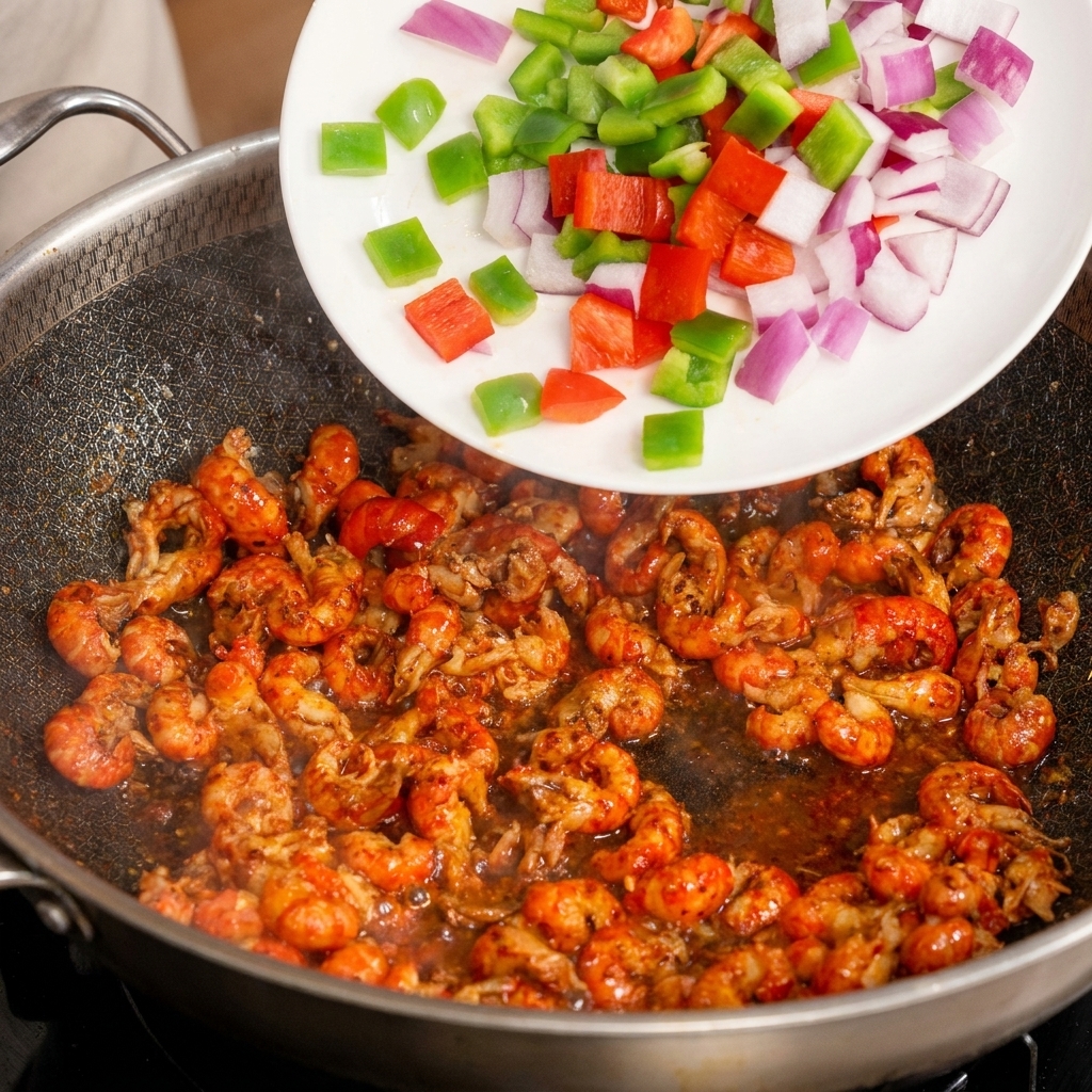 Una mezcla de pimientos de colores y cebolla roja vertiéndose desde un plato a un wok con cangrejos.