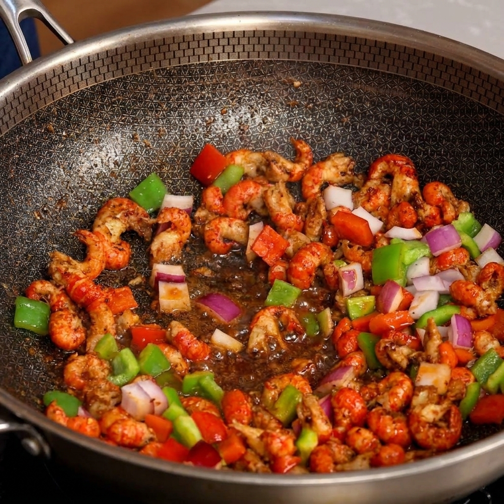 Primer plano de colas de cangrejo, pimientos y cebollas en un wok con textura de panal, listos para sazonar.