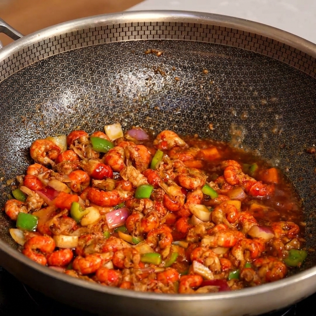 Vino de cocina amarillo vertiéndose contra los bordes calientes de un wok con el salteado de cangrejo.