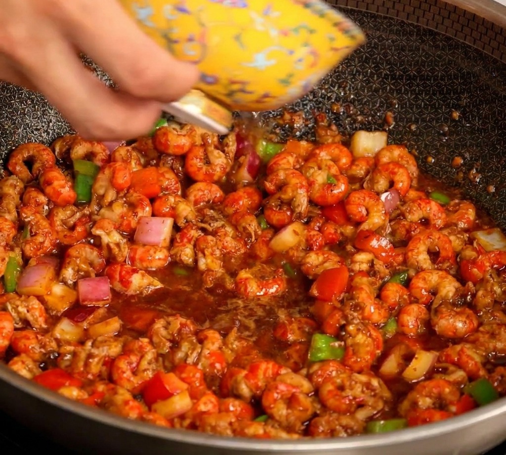 Un cuenco con dibujos amarillos vertiendo agua en un wok caliente con cangrejos y verduras.