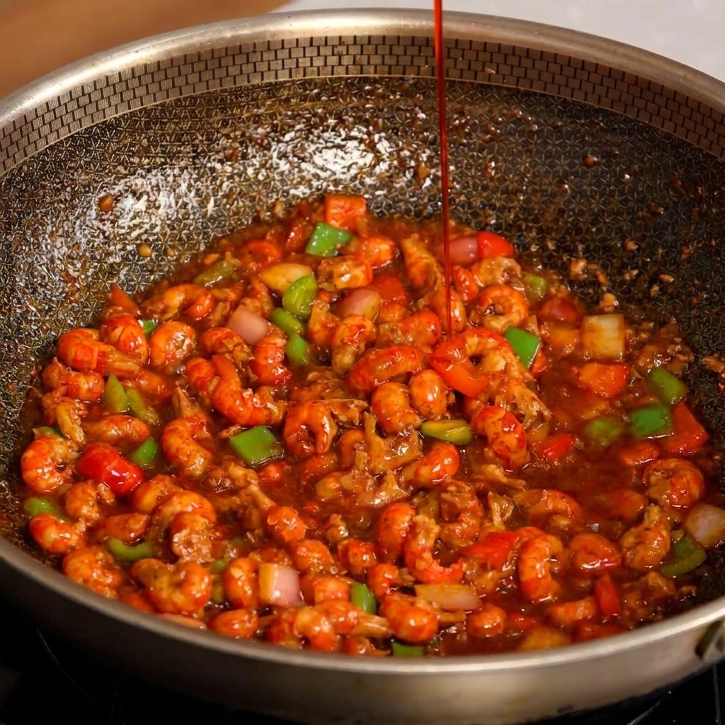 Un chorro de aceite de chile rojo vibrante vertiéndose sobre el salteado de cangrejo en el wok.