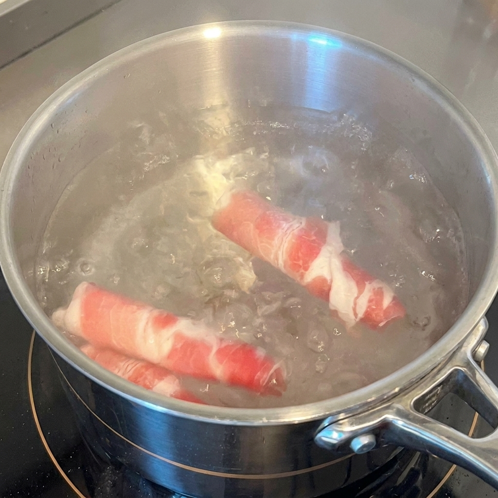 Láminas finas de ternera sumergiéndose en una olla con agua hirviendo para escaldarlas.