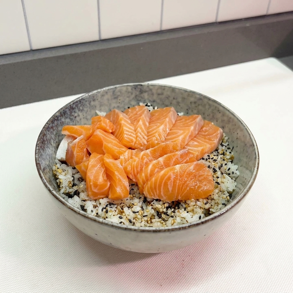 Un bol de arroz blanco decorado con sésamo y furikake, con láminas de salmón crudo dispuestas encima.
