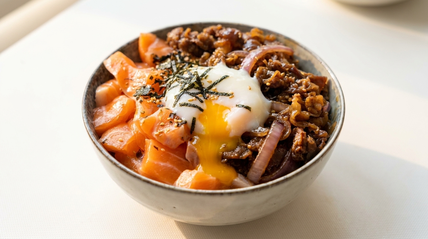 Donburi de Salmón y Ternera con Huevo Onsen