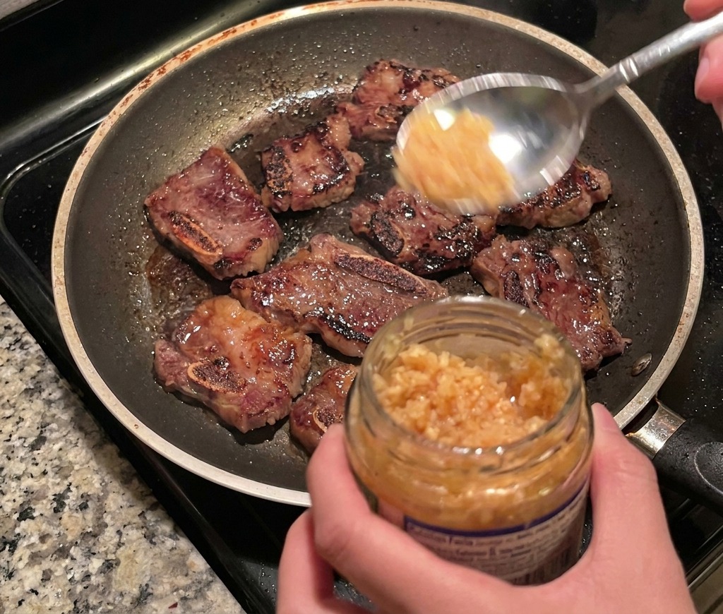 Una cuchara de metal añadiendo ajo picado a una sartén llena de costillas de res coreanas doradas.