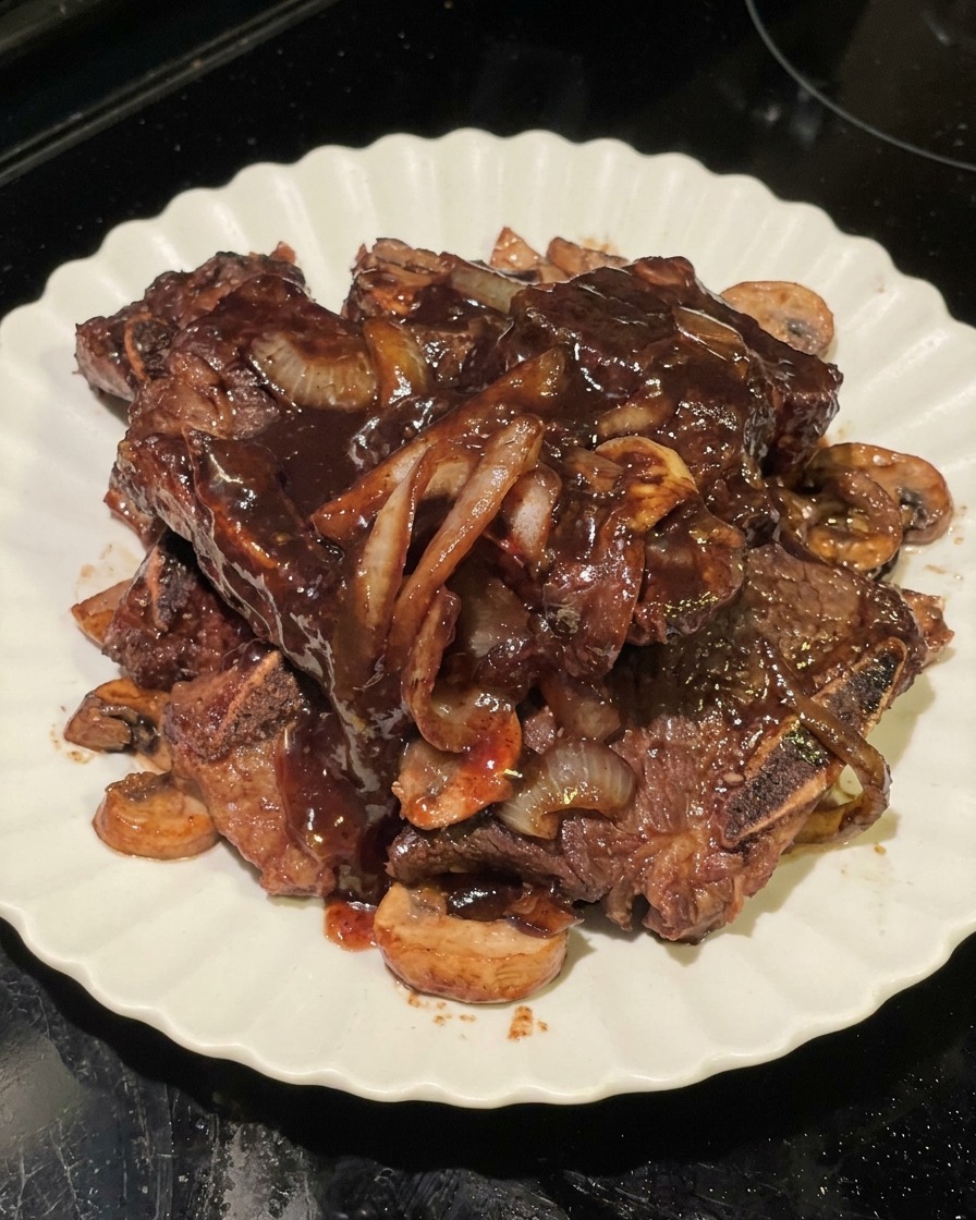 Un montón de costillas de res coreanas cocinadas con champiñones y cebolla en un plato blanco con borde ondulado, cubiertas de salsa oscura.
