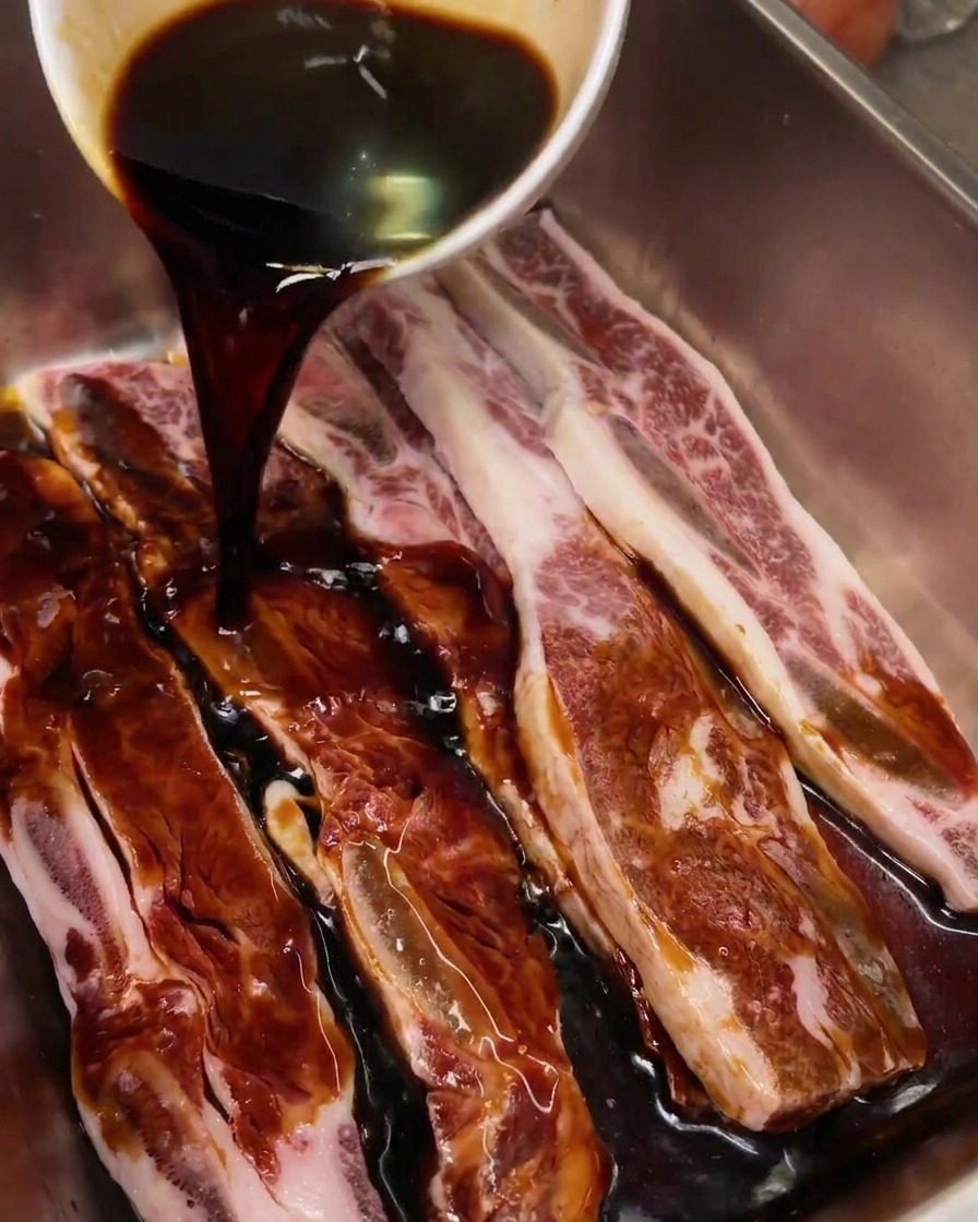 Salsa de soja oscura vertiéndose sobre costillas de ternera crudas en una bandeja de acero inoxidable.