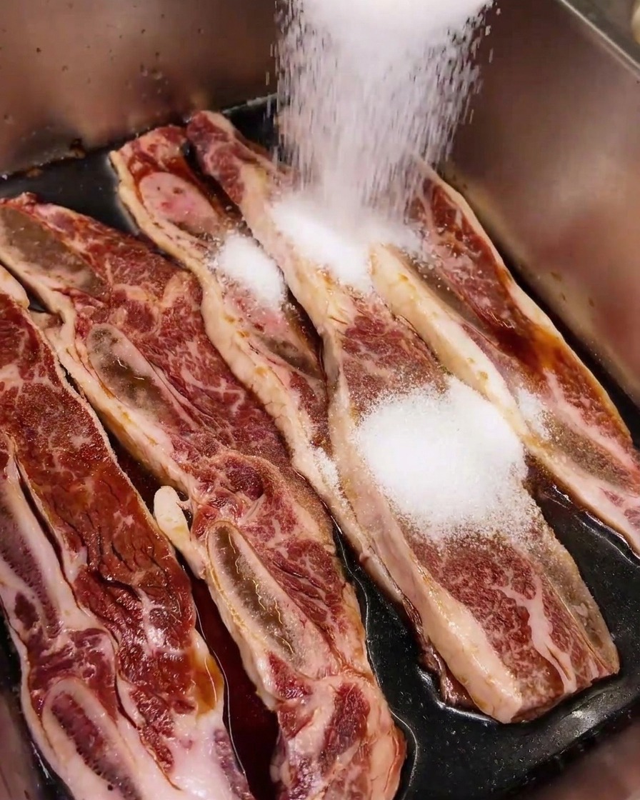 Azúcar blanco granulado espolvoreado sobre costillas de ternera crudas en marinada de soja.