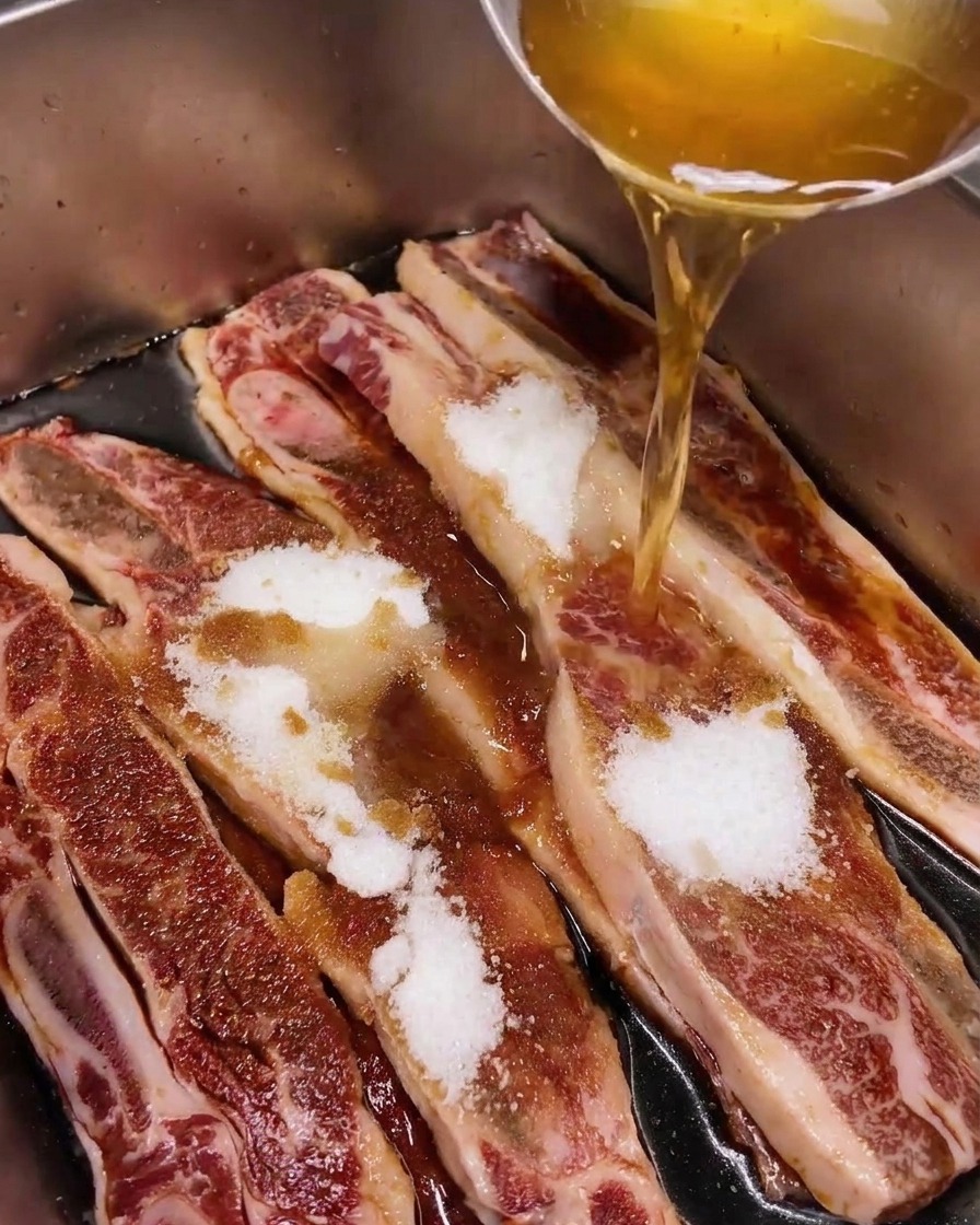 Líquido dorado claro, mirin, vertiéndose desde un cazo sobre costillas de ternera crudas.