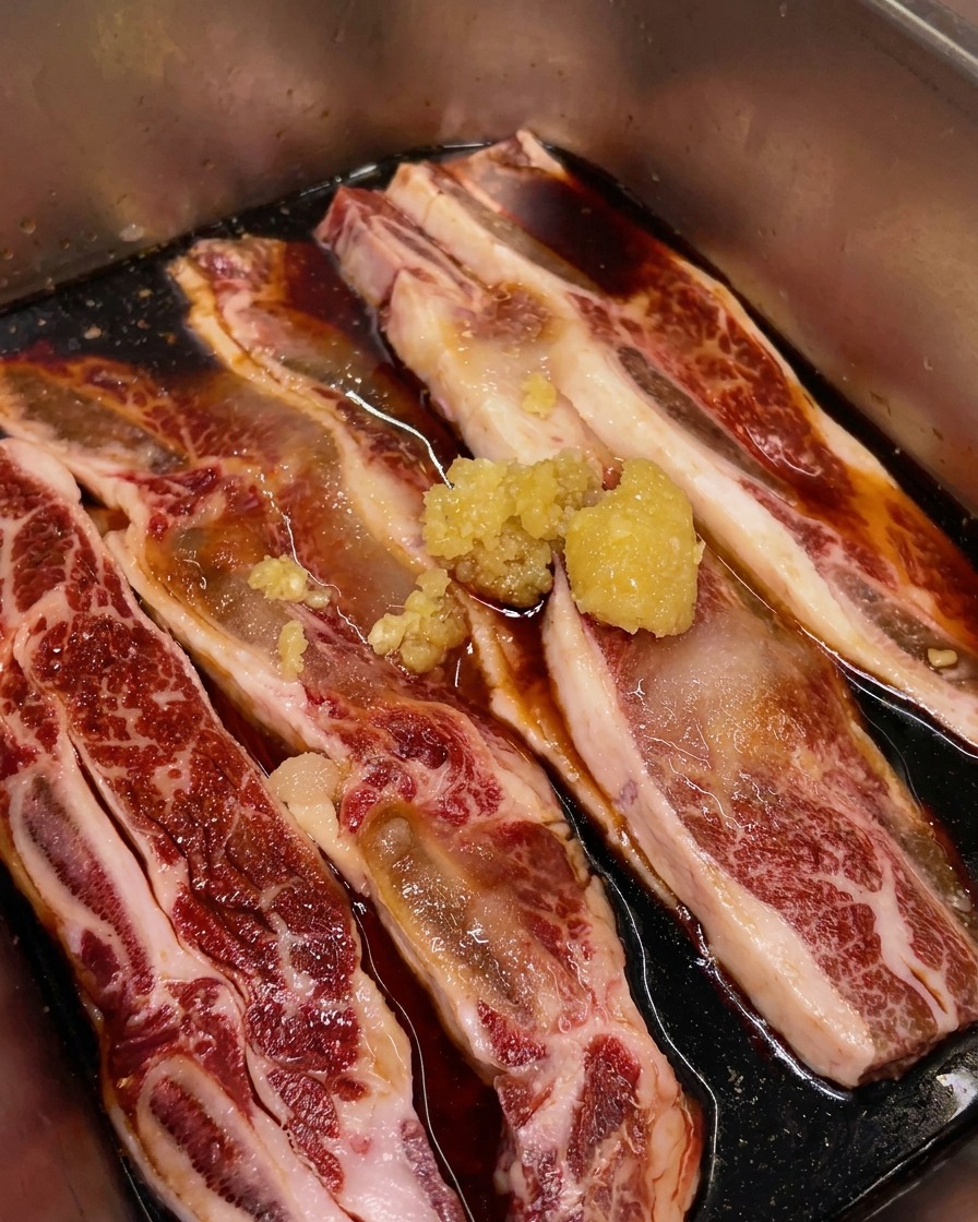 Aros de cebolleta fresca y una pequeña pila de jengibre picado añadiéndose a la bandeja de costillas.