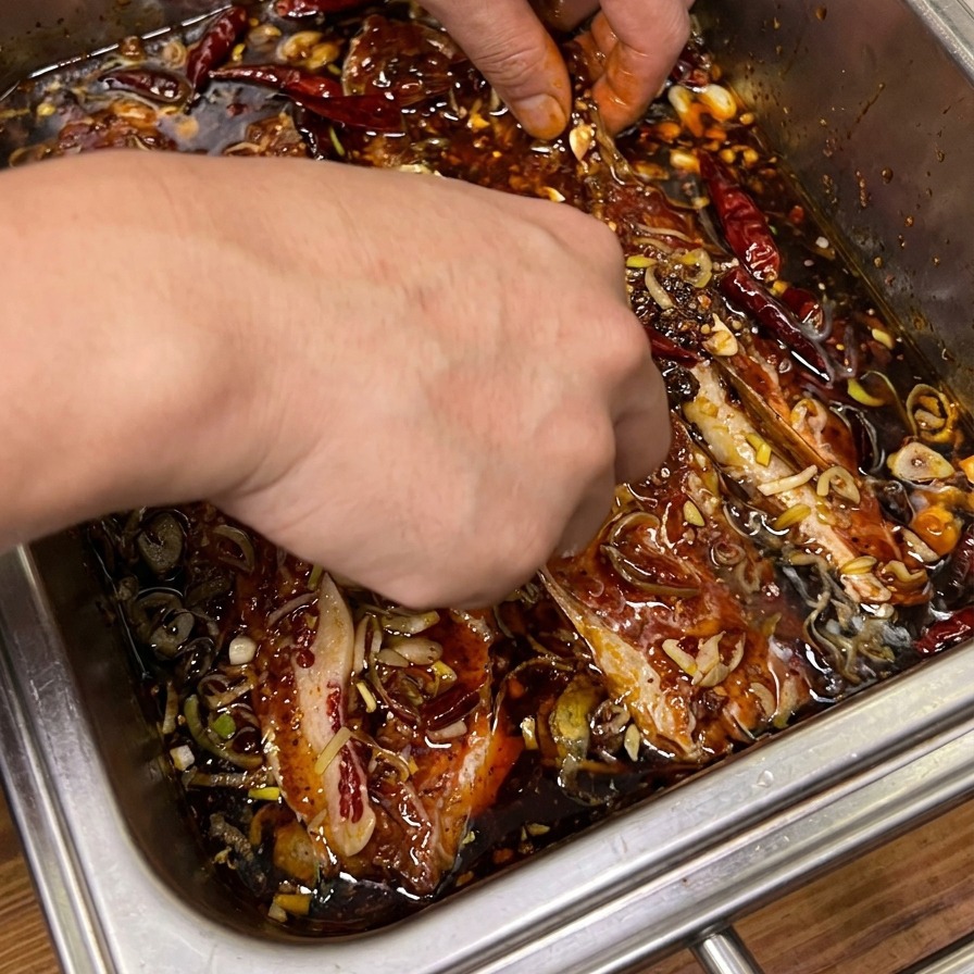 Dos manos mezclando costillas crudas en una marinada oscura con cebolleta y chiles.