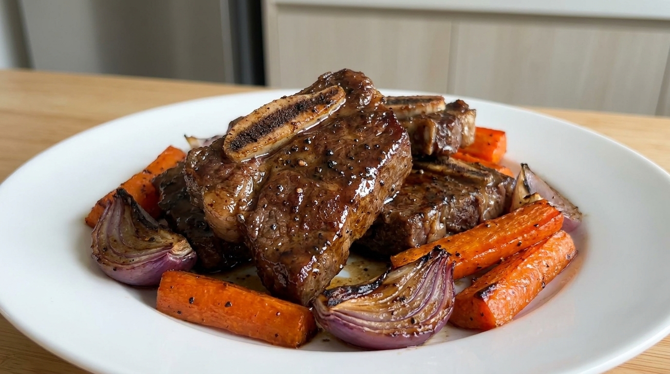 Costillas de Ternera Coreanas a la Pimienta Negra con Zanahorias Asadas