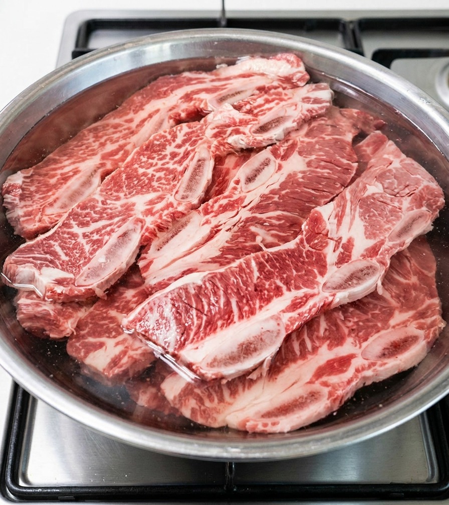 Vista cenital de un bol de metal grande con costillas de res completamente sumergidas en una mezcla de agua y mirin sobre una cocina.