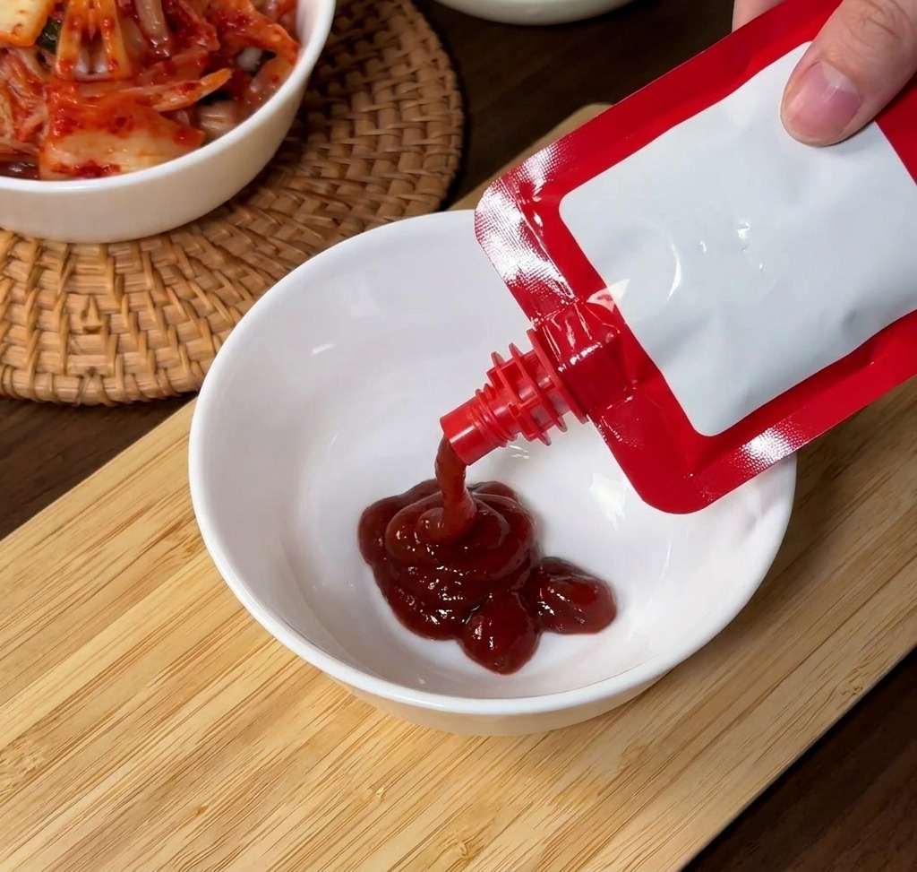 Una mano exprimiendo pasta de chile coreana de un sobre rojo en un cuenco de cerámica blanca.