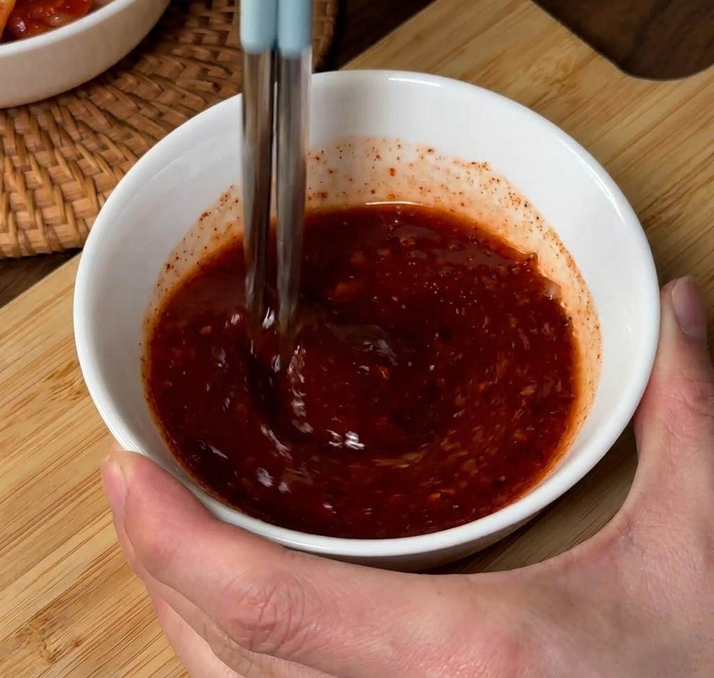 Un par de palillos mezclando una salsa roja oscura y texturizada en un cuenco blanco.