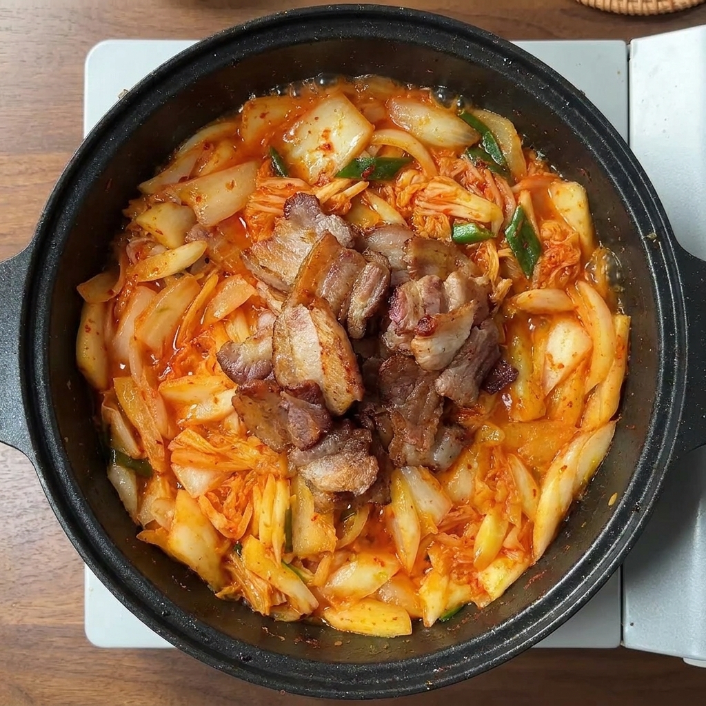 Láminas de panceta frita sobre una base de kimchi y cebolla salteados en una sartén negra.