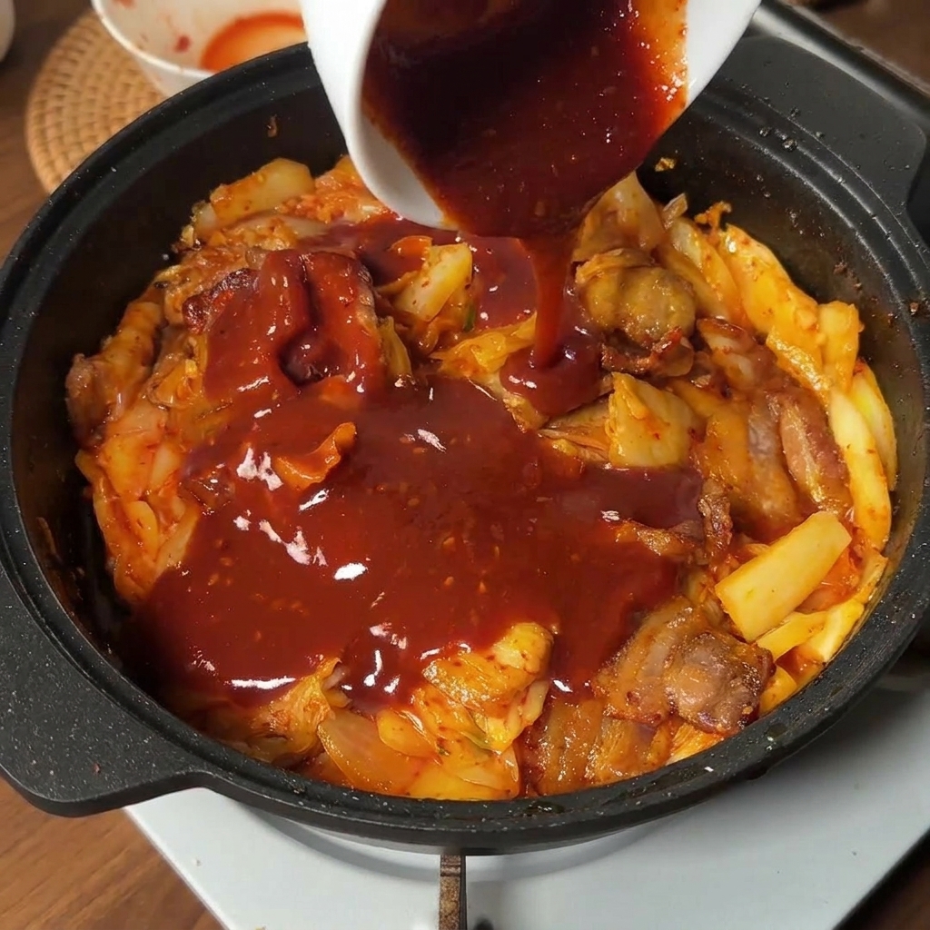 Salsa coreana roja vibrante vertiéndose desde un cuenco de cerámica blanca sobre la panceta y el kimchi.
