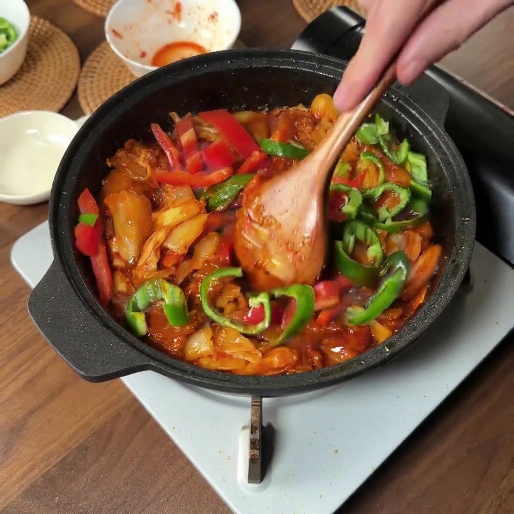 Rodajas de chiles verdes y rojos frescos añadiéndose a una sartén con cerdo picante y kimchi.