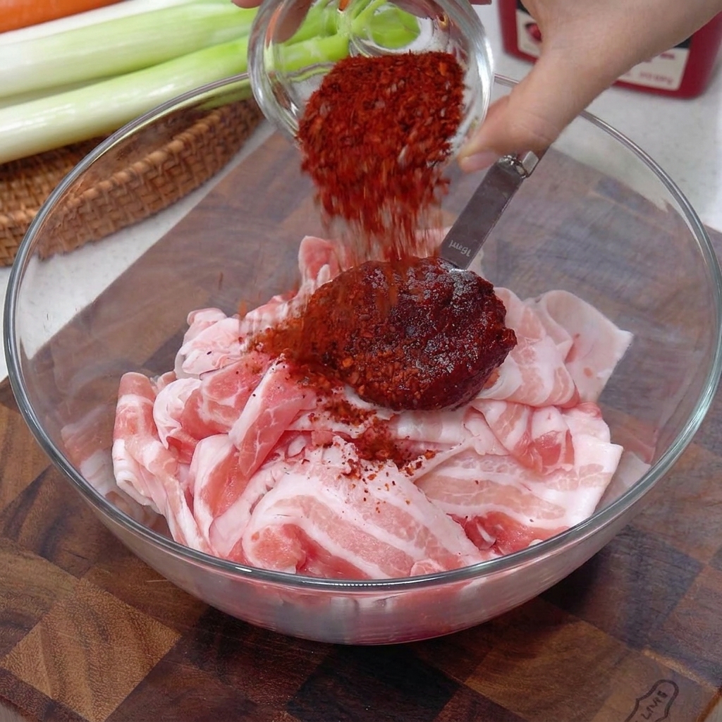 Primer plano de pasta de chile rojo y condimentos en polvo añadiéndose a la panceta de cerdo cortada finamente en un bol de cristal.
