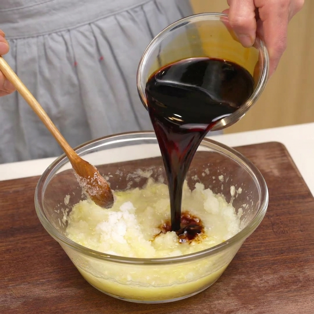 Una mano vertiendo salsa de soja oscura desde un pequeño bol de cristal hacia uno más grande con pulpa de fruta y azúcar.