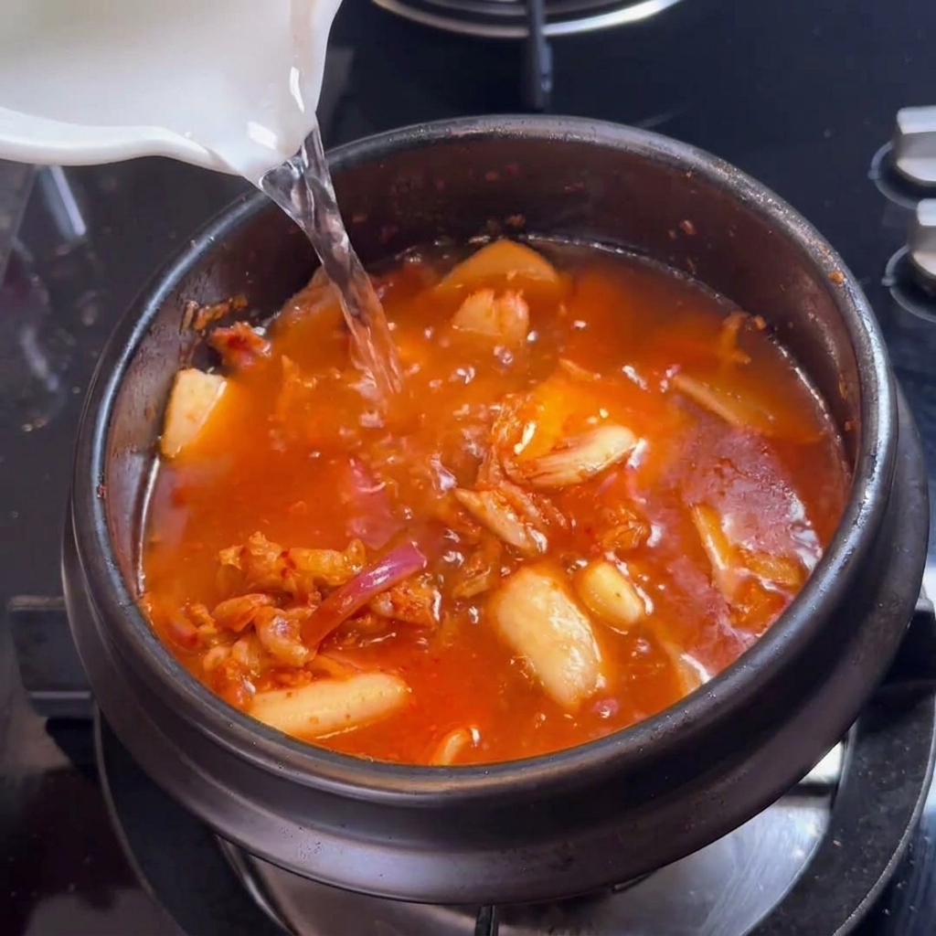 Agua clara vertiéndose en la cazuela oscura llena de kimchi, cerdo y cebollas.