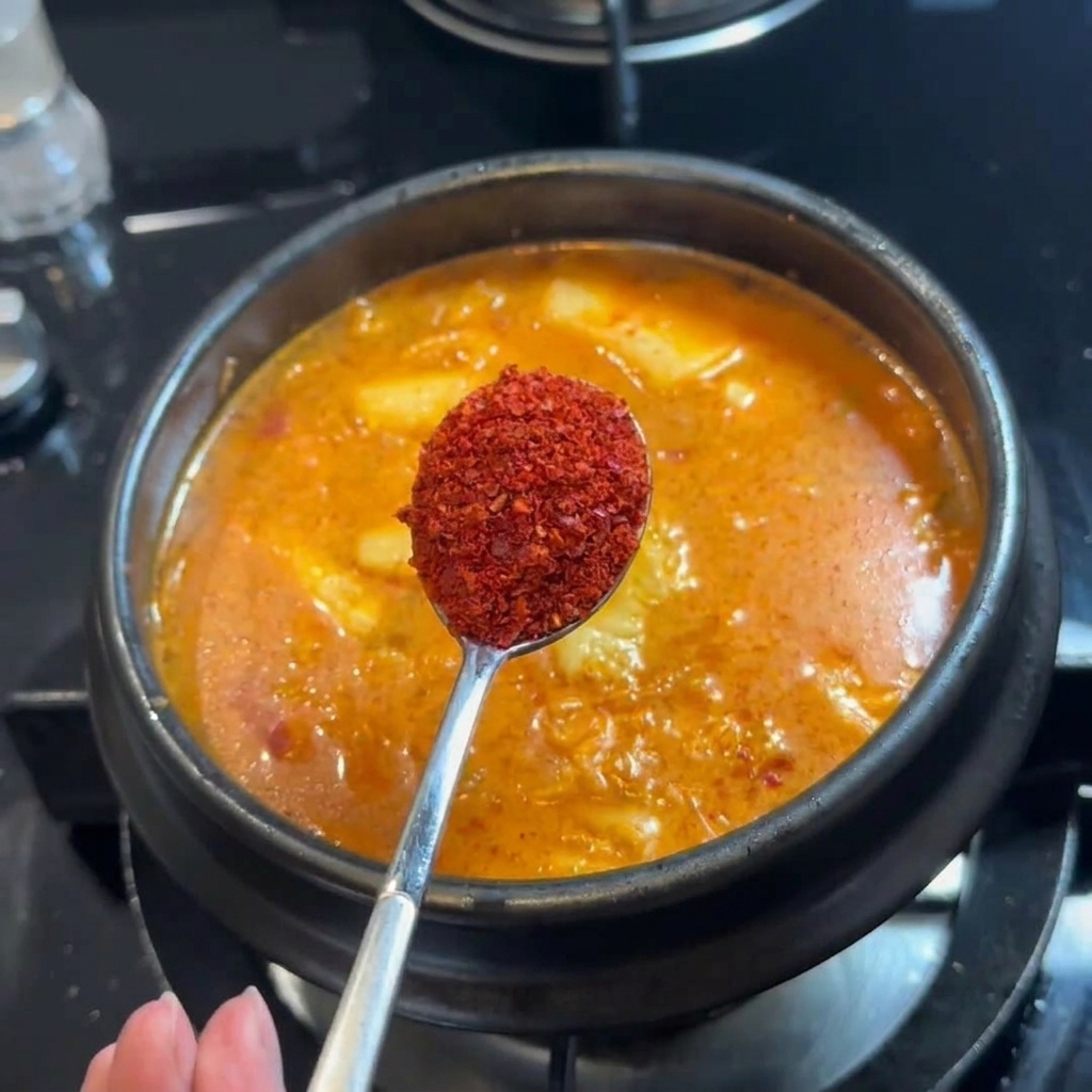 Chile en polvo coreano gochugaru siendo añadido a la sopa hirviendo.