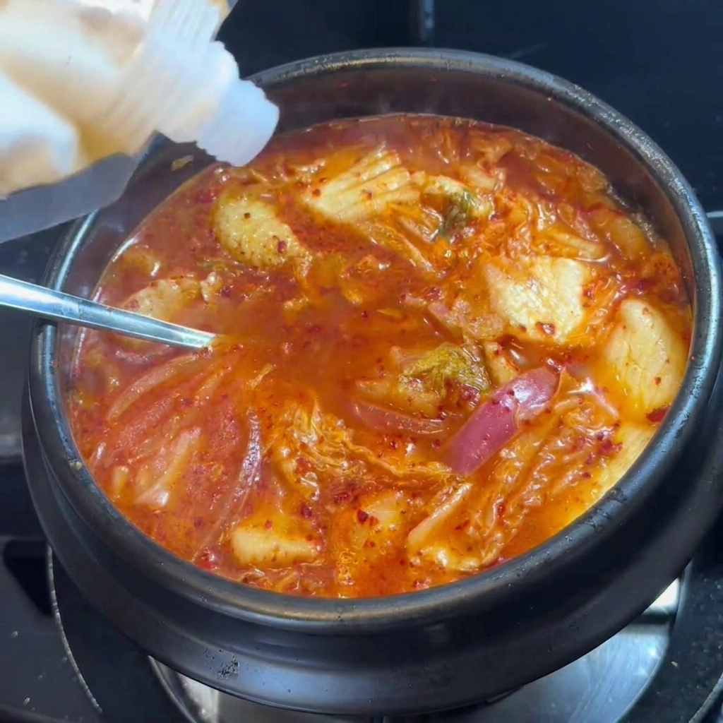 Azúcar blanca añadiéndose al estofado de kimchi en la cazuela oscura.