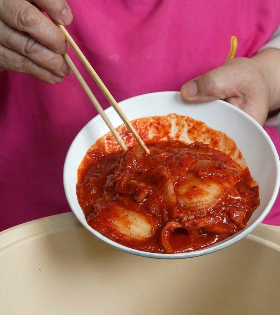 Un bol blanco lleno de kimchi rojo brillante con salsa vertiéndose sobre una olla de cocción.