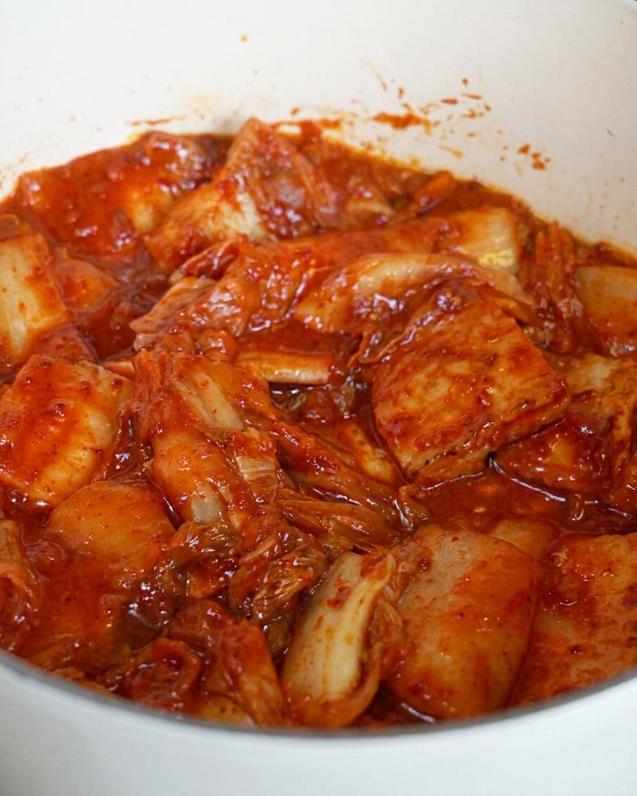 Vista de cerca de trozos de kimchi y panceta de cerdo mezclándose y salteándose en una olla, cubiertos de salsa de chile rojo.