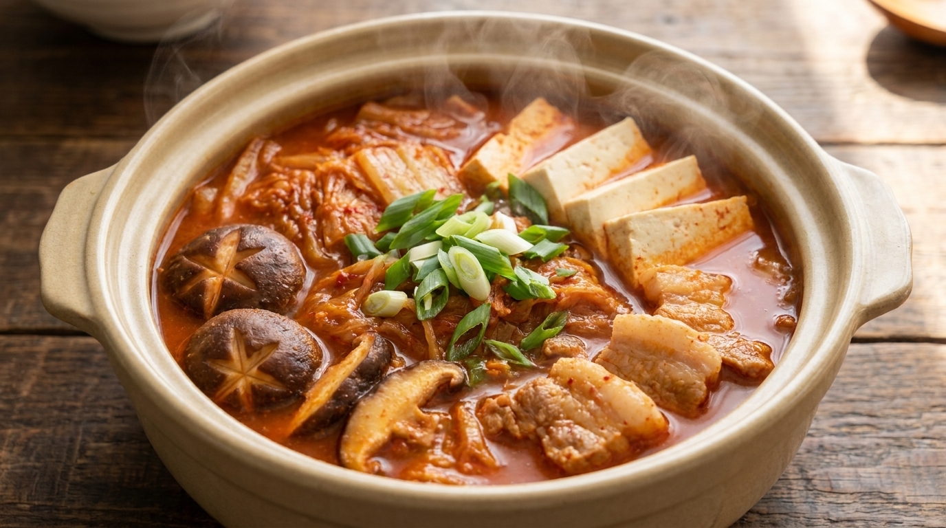 Una olla de cerámica humeante de Kimchi-jjigae con tierna panceta de cerdo, tofu fresco y setas shiitake