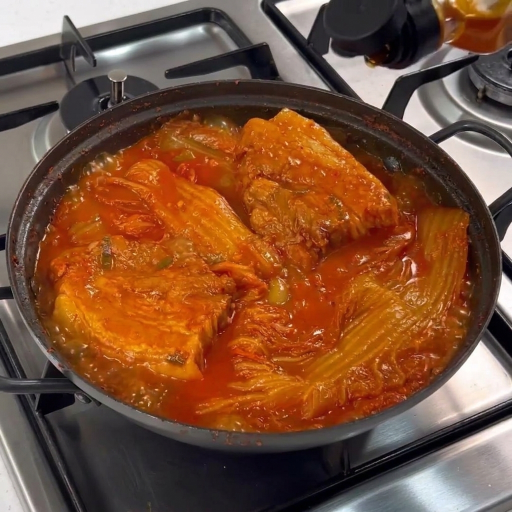 Olla negra con estofado de kimchi burbujeante recibiendo un chorrito de aceite dorado desde una botella.