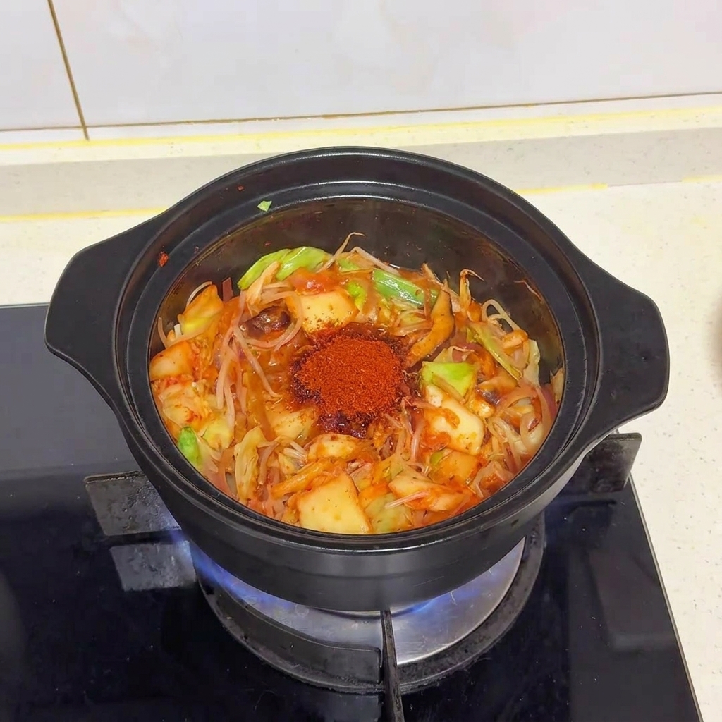 Un pequeño montón de chile rojo fino en polvo sobre las verduras en la olla negra.