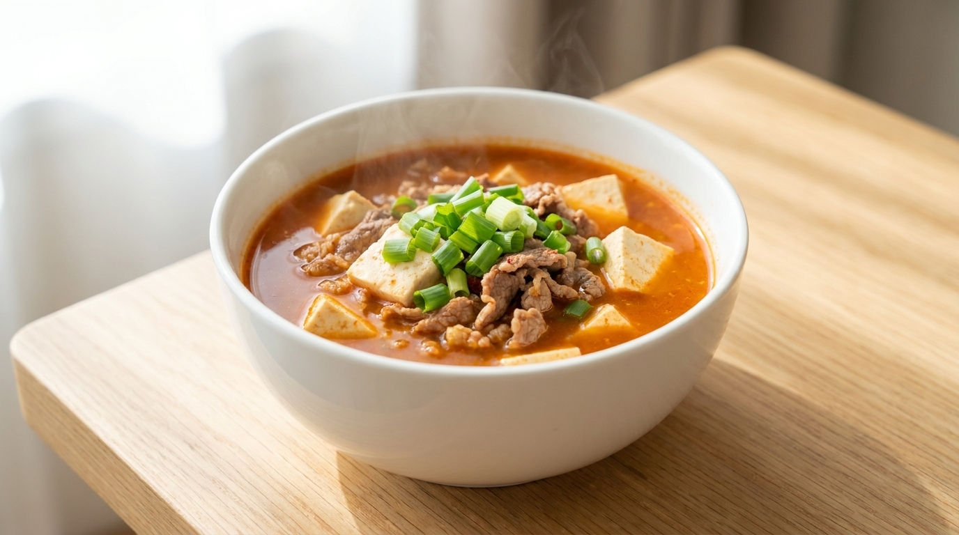 Sopa rápida de ternera y tofu con pasta de soja (Doenjang-jjigae)