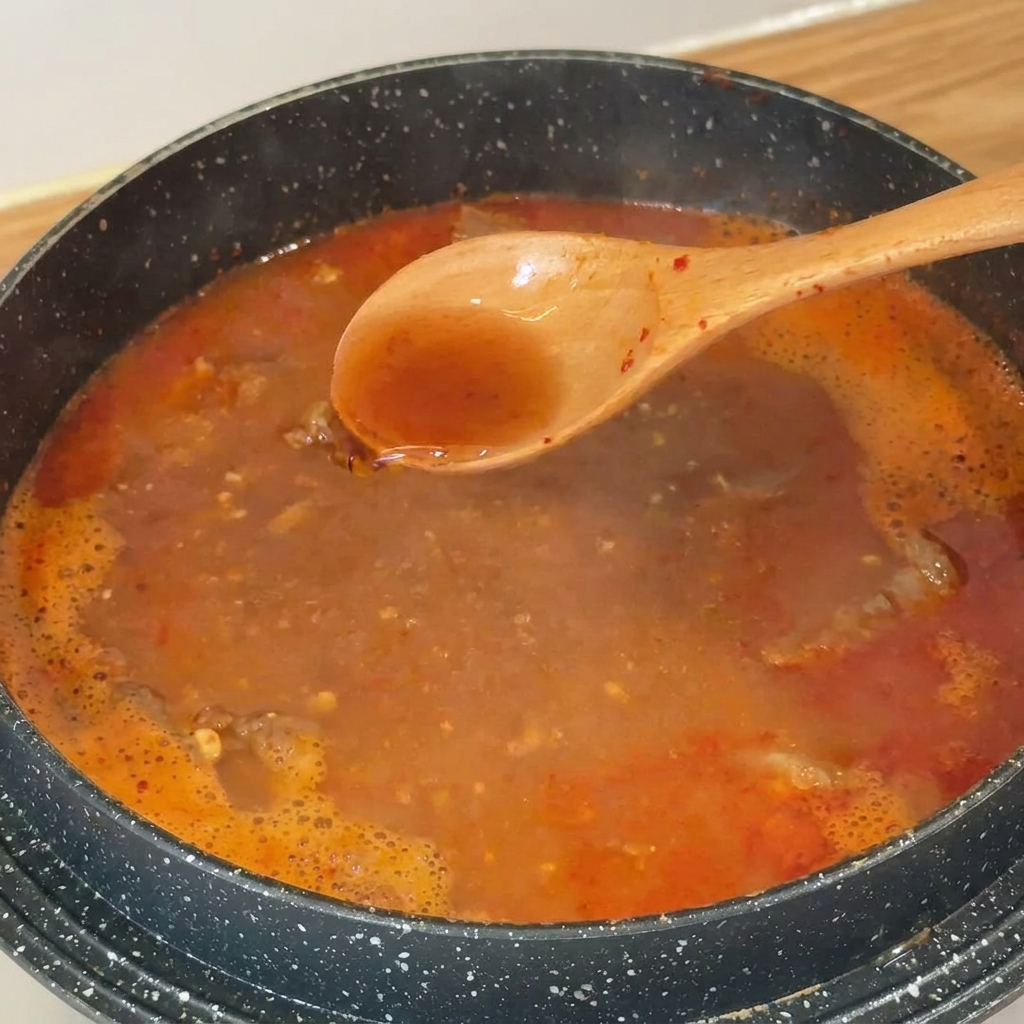 Una cuchara de madera con salsa de pescado vertiéndose en una sopa roja que burbujea.