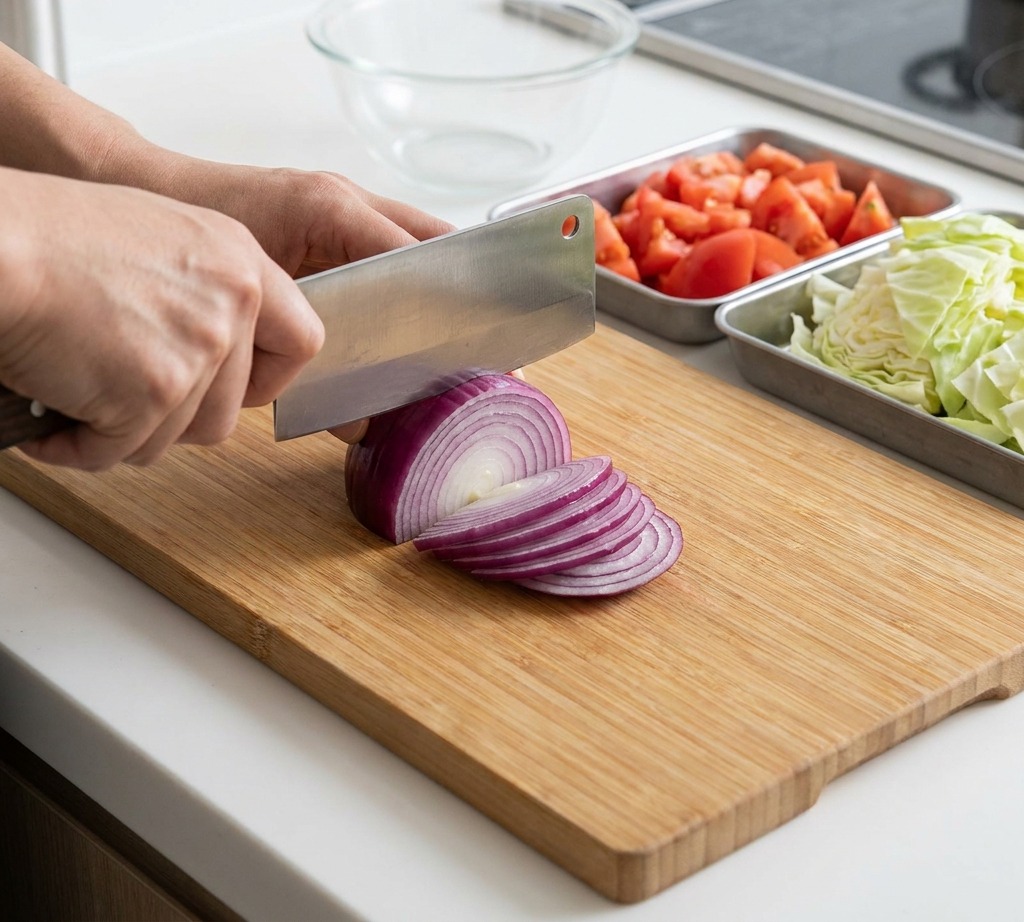 Manos usando un hacha de cocina para cortar una cebolla morada en gajos gruesos sobre una tabla de madera clara.