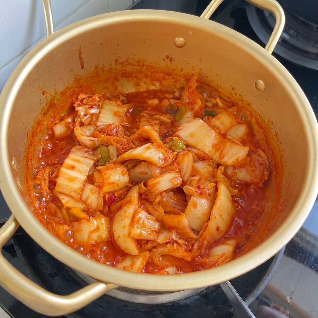Salsa de soja oscura vertiéndose sobre el kimchi burbujeante dentro de la olla.