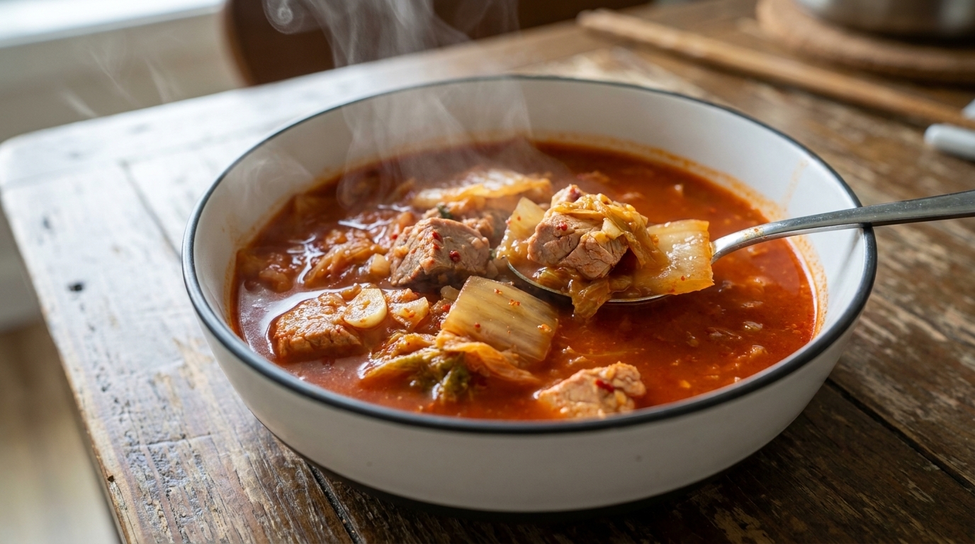 Estofado coreano de kimchi y atún con bolas de arroz artesanales (Chamchi Kimchi Jjigae)