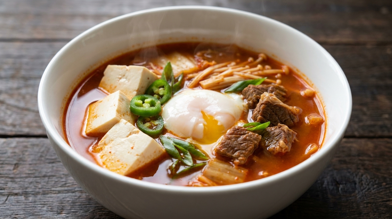 Un vibrante tazón de sopa de kimchi, ternera y tofu sedoso, acompañado de setas enoki y coronado con un huevo escalfado.