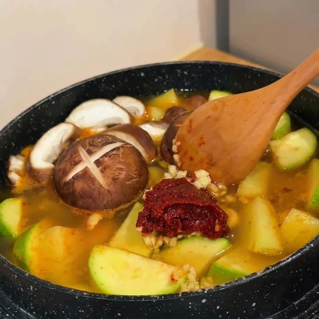 Una pasta espesa de chile rojo y ajo siendo mezclada en una olla de estofado burbujeante con una cuchara de madera.