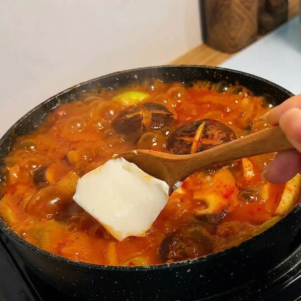 Un bloque suave de tofu blanco en una cuchara de madera sumergiéndose en un estofado coreano rojo y burbujeante.