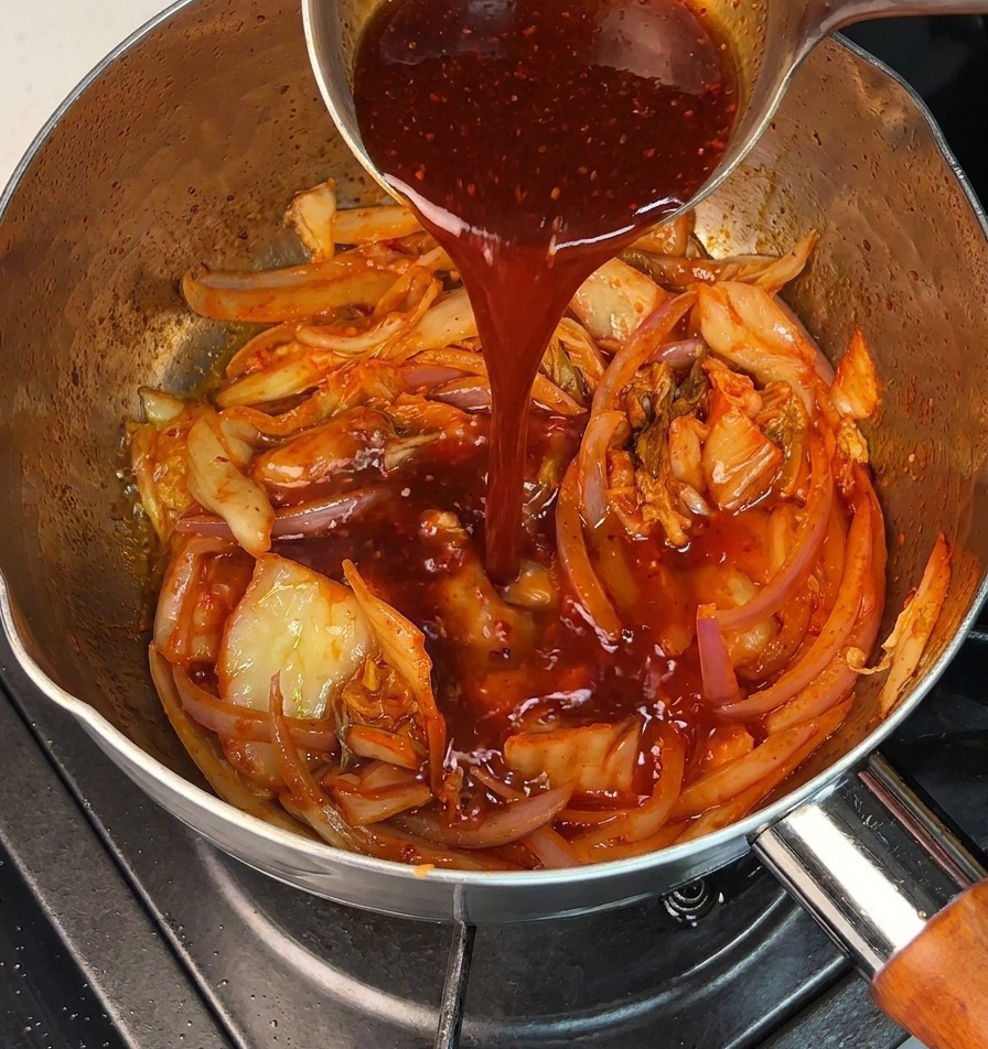 Salsa de chile roja siendo vertida en una olla que contiene una mezcla de kimchi y cebollas fritos.
