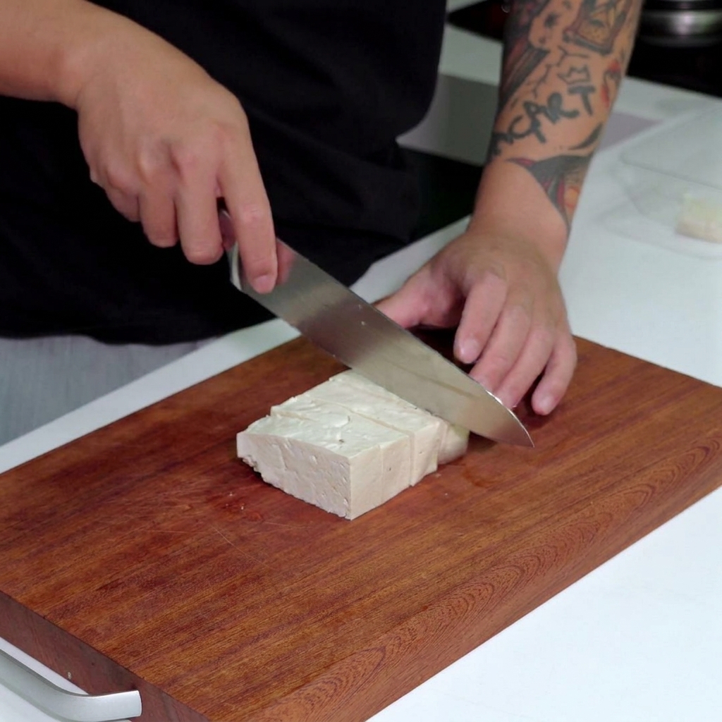Cuchillo de cocina cortando un bloque de tofu blanco en cubos uniformes sobre una tabla de madera.