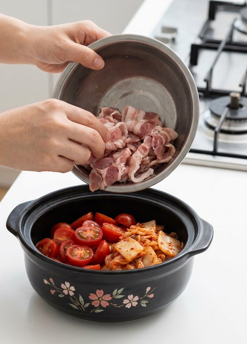 Manos pasando láminas de panceta de cerdo cruda desde un cuenco de acero inoxidable a la olla de cerámica.