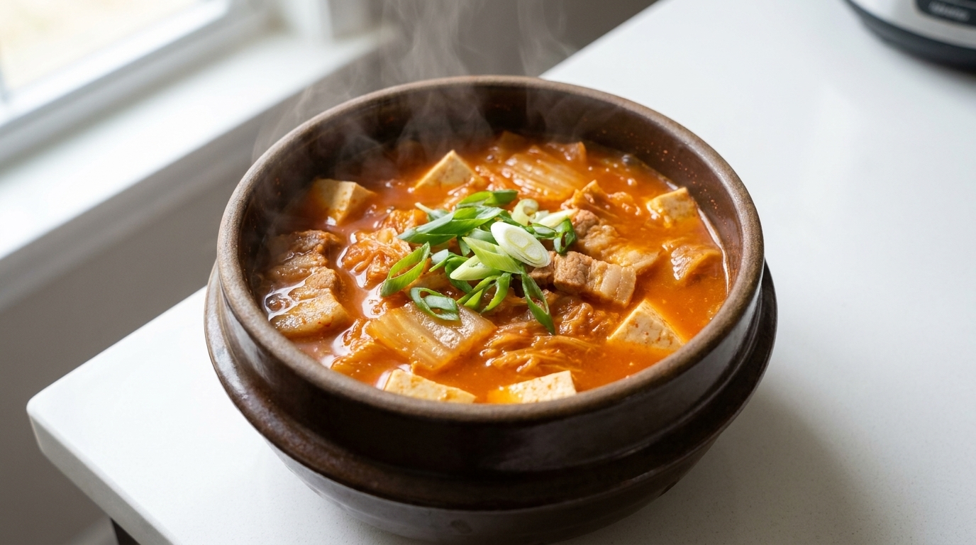 Kimchi Jjigae rápido con tomates cherry